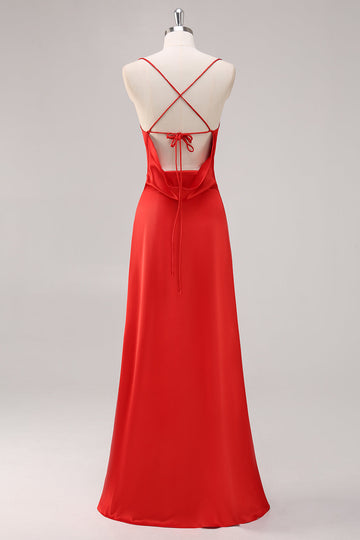 Robe formelle fourreau à bretelles spaghetti en satin rouge